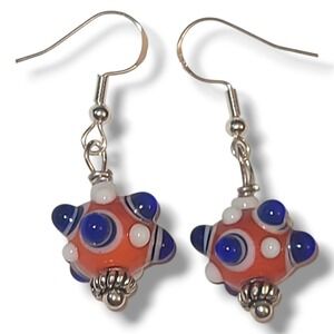 Sterling Silver 925 Lampwork Earrings Blue‎ Orange Bumpy Dot Glass Bead Handmade